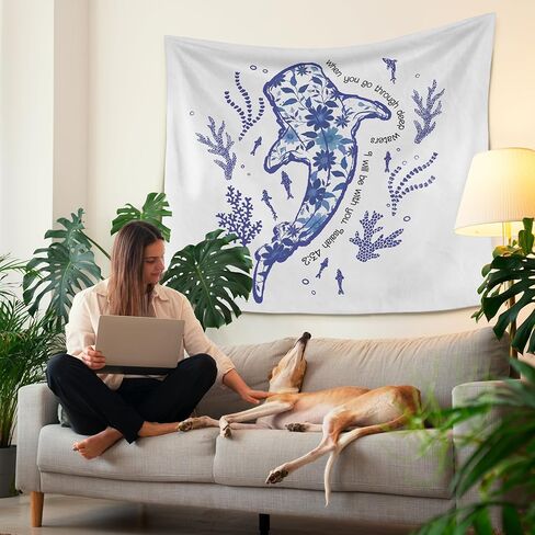 HUGANE Blue Whale Shark Ocean Christian Tapestry, Coastal Beach Sea Floral Coral Plant Wall Tapestries, Isaiah 43:2 Bible Verse Religious Hanging Wall Decor for Bedroom Beach House Cabin in Kuwait