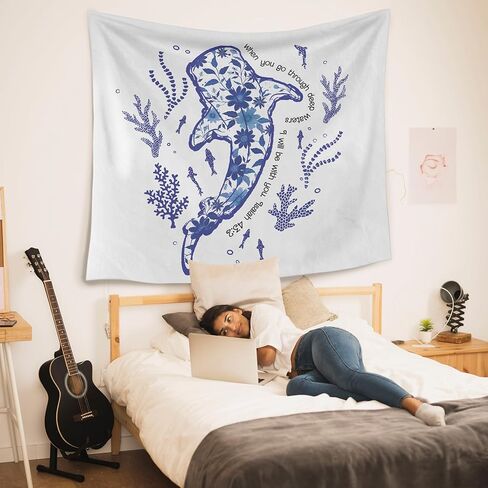 HUGANE Blue Whale Shark Ocean Christian Tapestry, Coastal Beach Sea Floral Coral Plant Wall Tapestries, Isaiah 43:2 Bible Verse Religious Hanging Wall Decor for Bedroom Beach House Cabin in Kuwait