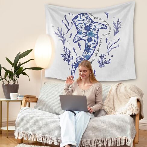 HUGANE Blue Whale Shark Ocean Christian Tapestry, Coastal Beach Sea Floral Coral Plant Wall Tapestries, Isaiah 43:2 Bible Verse Religious Hanging Wall Decor for Bedroom Beach House Cabin in Kuwait