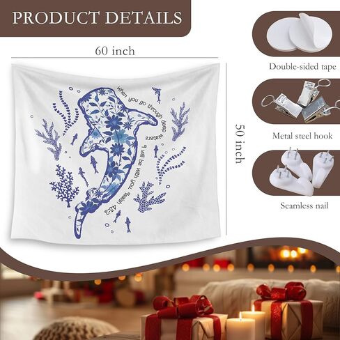 HUGANE Blue Whale Shark Ocean Christian Tapestry, Coastal Beach Sea Floral Coral Plant Wall Tapestries, Isaiah 43:2 Bible Verse Religious Hanging Wall Decor for Bedroom Beach House Cabin in Kuwait