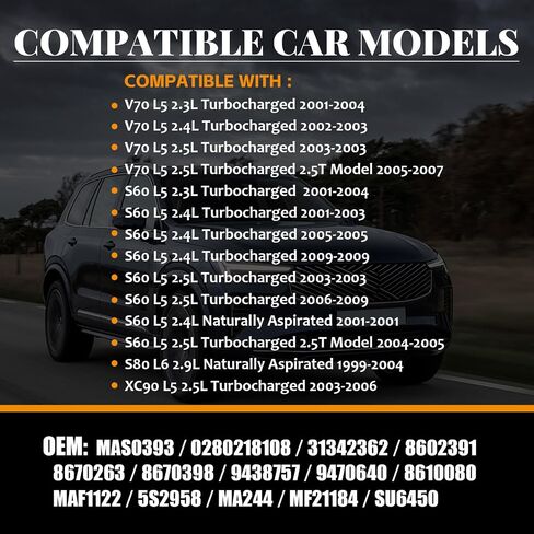 مستشعر MAF Sensor MAF تدفق الهواء الشامل W/ 5Pins [5cyl 2.3 2.4 2.5 2.9] متوافق مع Volvo 2001-2009 S60 ، 2001-2007 V70 ، 1999-2004 S80 ، 2003-2006 XC90 in Saudi Arabia