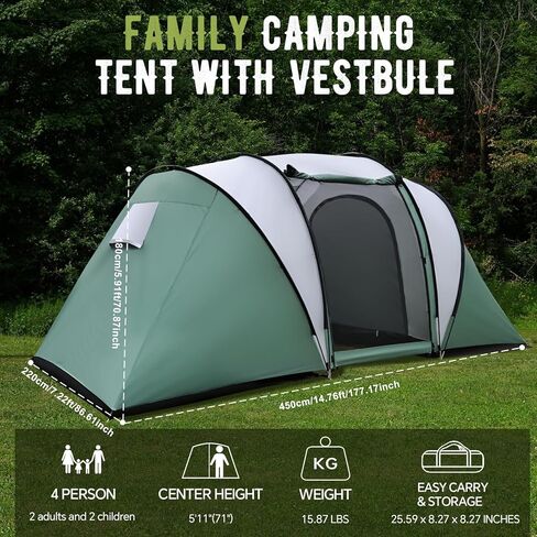 خيمة تخيم عائلية من 4 شخص مع الشرفة ، ملجأ للتخييم مقاوم للطقس مع طراز Rainfly ، غرفتان ، خيمة عائلية سهلة مع منطقة معيشة في الهواء الطلق ، الفناء الخلفي ، المشي لمسافات طويلة in Kuwait