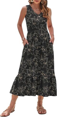 AUSELILY Womens Maxi Dress 2025 Sleeveless Summer Dresses V Neck Casual Tiered Sundresses with Pockets in Saudi Arabia