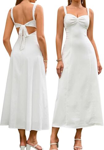 EYNMIN Lace Strap Midi Dress Sweetheart Neckline Bow Tie Backless A Line Wedding Guest Dresses for Women Casual Sundress in Saudi Arabia