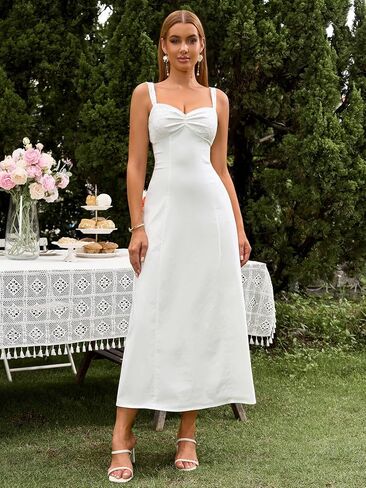 EYNMIN Lace Strap Midi Dress Sweetheart Neckline Bow Tie Backless A Line Wedding Guest Dresses for Women Casual Sundress in Saudi Arabia