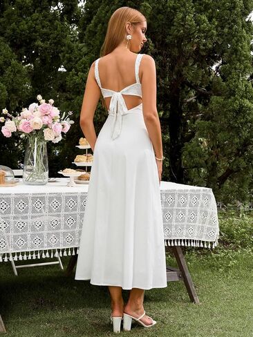 EYNMIN Lace Strap Midi Dress Sweetheart Neckline Bow Tie Backless A Line Wedding Guest Dresses for Women Casual Sundress in Saudi Arabia