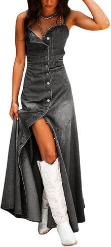 chouyatou Women's Spaghetti Strap Smocked Back Denim Dress Button Down A-Line Swing Flowy Maxi Jean Dress in Saudi Arabia