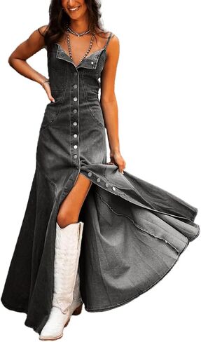 chouyatou Women's Spaghetti Strap Smocked Back Denim Dress Button Down A-Line Swing Flowy Maxi Jean Dress in Saudi Arabia