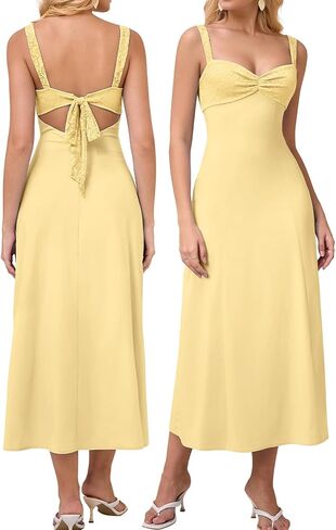 EYNMIN Lace Strap Midi Dress Sweetheart Neckline Bow Tie Backless A Line Wedding Guest Dresses for Women Casual Sundress in Saudi Arabia