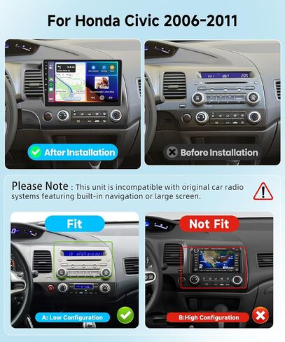 راديو سيارة 8 Core 4G+64G لسيارة Honda Civic 2006 2007 2008 2009 2010 2011، ستيريو سيارة لاسلكي Carplay Android Auto، شاشة لمس IPS 10.1 بوصة مع WiFi، GPS، بلوتوث، FM/RDS، 32EQ DSP، كاميرا خلفية in Saudi Arabia