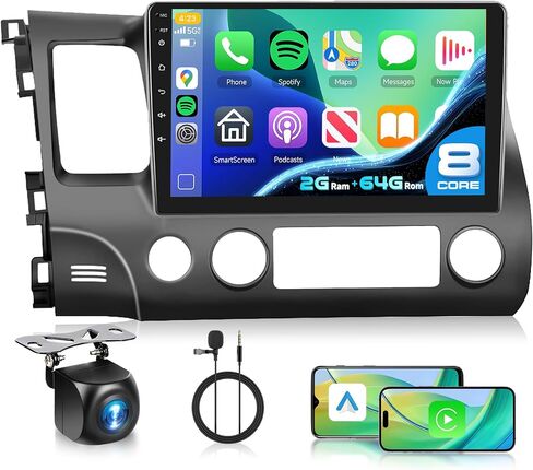 راديو سيارة 8 Core 4G+64G لسيارة Honda Civic 2006 2007 2008 2009 2010 2011، ستيريو سيارة لاسلكي Carplay Android Auto، شاشة لمس IPS 10.1 بوصة مع WiFi، GPS، بلوتوث، FM/RDS، 32EQ DSP، كاميرا خلفية in Saudi Arabia