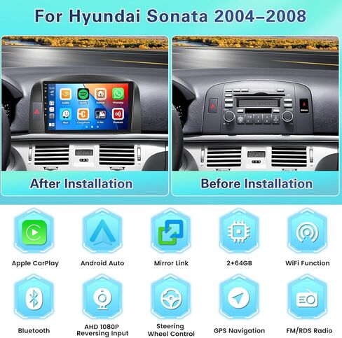 【4+64GB】 Double din for Hyundai Sonata 2004-2008 9 inch Car Stereo with Android Auto, 1080P Touch Screen Radio Bluetooth/FM/SWC/Mirror Link Backup Camera MIC in Kuwait