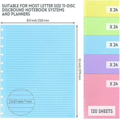 120 Sheets/240 Pages Letter Size Discbound Lined Refill Paper, A4 Loose Leaf Paper White 11-Disc Thicker Refillable Planner Inserts, 8.5 X 11 Inch, 120gsm in Kuwait
