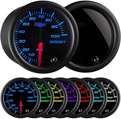 GlowShift Tinted 7 Color 100 PSI Turbo Boost Kit - يشمل خرطوم وتجهيزات ميكانيكية - الاتصال الأسود - العدسة المدخنة - لشاحنات الديزل - 2-1/16 "52 ملم in Saudi Arabia