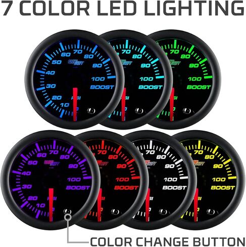 GlowShift Tinted 7 Color 100 PSI Turbo Boost Kit - يشمل خرطوم وتجهيزات ميكانيكية - الاتصال الأسود - العدسة المدخنة - لشاحنات الديزل - 2-1/16 "52 ملم in Saudi Arabia