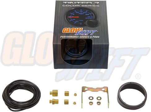 GlowShift Tinted 7 Color 100 PSI Turbo Boost Kit - يشمل خرطوم وتجهيزات ميكانيكية - الاتصال الأسود - العدسة المدخنة - لشاحنات الديزل - 2-1/16 "52 ملم in Saudi Arabia