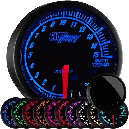 Glowshift Elite 10 Color 1500 F pyrometer Garome Gas Terfereal Terge egt kit - يشمل نوع K Probe - Dial أسود - عدسة ملونة - وظيفة استدعاء الذروة - لشاحنات الديزل - 2-1/16 "52 ملم in Saudi Arabia