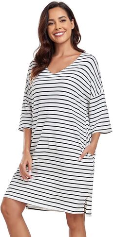 kasual womens ناعمة ثوب نماذج نصف الأكمام sleeve sleepshirt v الرقبة مخططة نوم النوم ملابس سائبة فضفاضة مع جيوب in Kuwait