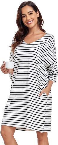 kasual womens ناعمة ثوب نماذج نصف الأكمام sleeve sleepshirt v الرقبة مخططة نوم النوم ملابس سائبة فضفاضة مع جيوب in Kuwait