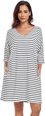 kasual womens ناعمة ثوب نماذج نصف الأكمام sleeve sleepshirt v الرقبة مخططة نوم النوم ملابس سائبة فضفاضة مع جيوب in Kuwait