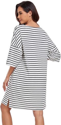 kasual womens ناعمة ثوب نماذج نصف الأكمام sleeve sleepshirt v الرقبة مخططة نوم النوم ملابس سائبة فضفاضة مع جيوب in Kuwait