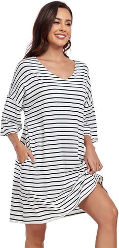 kasual womens ناعمة ثوب نماذج نصف الأكمام sleeve sleepshirt v الرقبة مخططة نوم النوم ملابس سائبة فضفاضة مع جيوب in Kuwait
