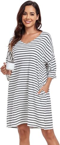 kasual womens ناعمة ثوب نماذج نصف الأكمام sleeve sleepshirt v الرقبة مخططة نوم النوم ملابس سائبة فضفاضة مع جيوب in Kuwait