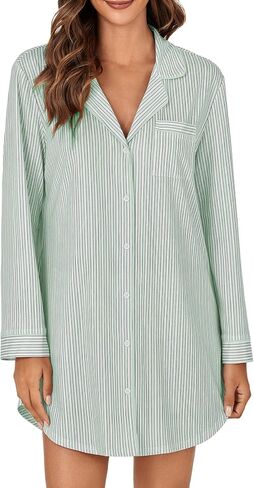 OPOIPIN Women's Striped Nightgown Collar V Neck Button Down Long Sleeve Sleep Shirt Top Nightdress in Saudi Arabia