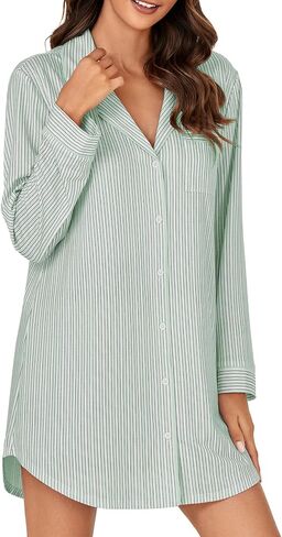 OPOIPIN Women's Striped Nightgown Collar V Neck Button Down Long Sleeve Sleep Shirt Top Nightdress in Saudi Arabia