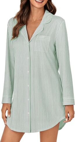 OPOIPIN Women's Striped Nightgown Collar V Neck Button Down Long Sleeve Sleep Shirt Top Nightdress in Saudi Arabia