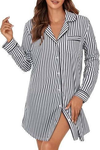 OPOIPIN Women's Striped Nightgown Collar V Neck Button Down Long Sleeve Sleep Shirt Top Nightdress in Saudi Arabia