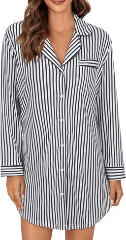 OPOIPIN Women's Striped Nightgown Collar V Neck Button Down Long Sleeve Sleep Shirt Top Nightdress in Saudi Arabia