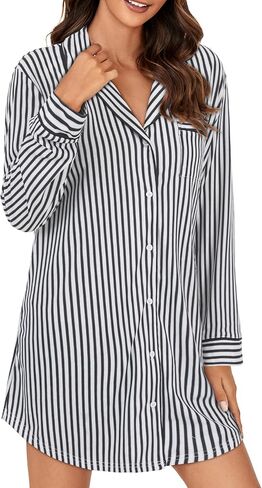 OPOIPIN Women's Striped Nightgown Collar V Neck Button Down Long Sleeve Sleep Shirt Top Nightdress in Saudi Arabia