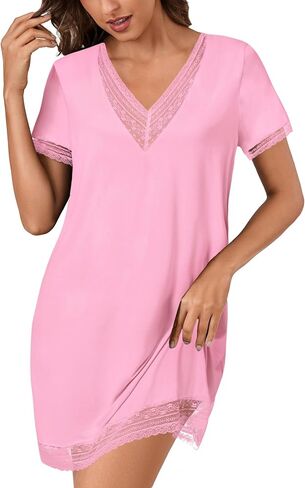 KIFOVEN Women’s Nightgown Short Sleeve Sleepshirt Sheer Mesh Lace Trim V Neck Nightshirt Sleepwear Nightdress in Saudi Arabia