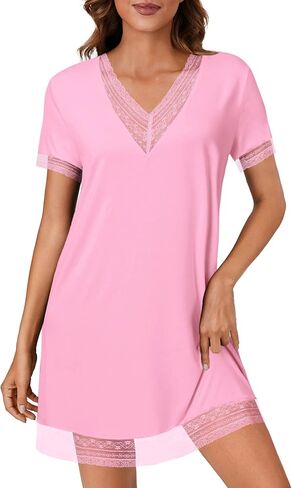 KIFOVEN Women’s Nightgown Short Sleeve Sleepshirt Sheer Mesh Lace Trim V Neck Nightshirt Sleepwear Nightdress in Saudi Arabia