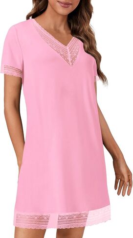 KIFOVEN Women’s Nightgown Short Sleeve Sleepshirt Sheer Mesh Lace Trim V Neck Nightshirt Sleepwear Nightdress in Saudi Arabia