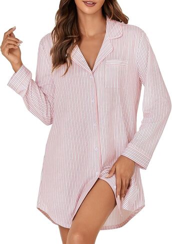 OPOIPIN Women's Striped Nightgown Collar V Neck Button Down Long Sleeve Sleep Shirt Top Nightdress in Saudi Arabia