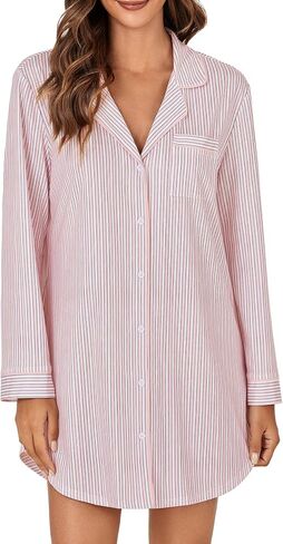 OPOIPIN Women's Striped Nightgown Collar V Neck Button Down Long Sleeve Sleep Shirt Top Nightdress in Saudi Arabia