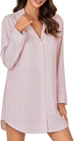 OPOIPIN Women's Striped Nightgown Collar V Neck Button Down Long Sleeve Sleep Shirt Top Nightdress in Saudi Arabia