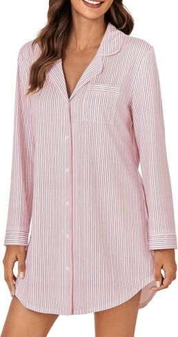 OPOIPIN Women's Striped Nightgown Collar V Neck Button Down Long Sleeve Sleep Shirt Top Nightdress in Saudi Arabia
