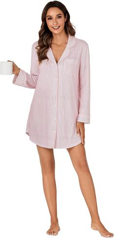 OPOIPIN Women's Striped Nightgown Collar V Neck Button Down Long Sleeve Sleep Shirt Top Nightdress in Saudi Arabia
