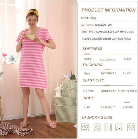 Qianxiu Womens Lightgowns Cotton Deain Sleep Sleep Shirt Shirt Shirt Shirt Stripe Sleepshirt Dress Dress S-XL in Saudi Arabia