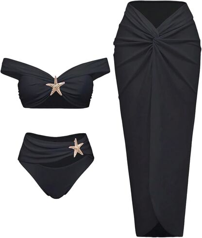Soly Hux Women's Off the Counter Bikini Swimsuits بدلة السباحة عالية الخصر مع تنورة طويلة من 3 قطعة in Saudi Arabia