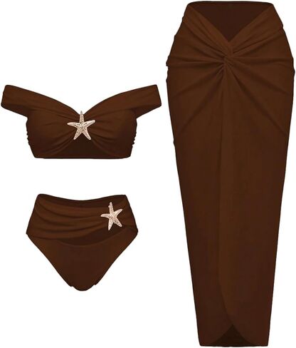 Soly Hux Women's Off the Counter Bikini Swimsuits بدلة السباحة عالية الخصر مع تنورة طويلة من 3 قطعة in Saudi Arabia