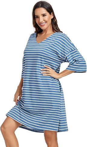 kasual womens ناعمة ثوب نماذج نصف الأكمام sleeve sleepshirt v الرقبة مخططة نوم النوم ملابس سائبة فضفاضة مع جيوب in Kuwait