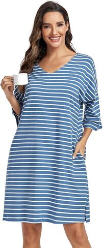 kasual womens ناعمة ثوب نماذج نصف الأكمام sleeve sleepshirt v الرقبة مخططة نوم النوم ملابس سائبة فضفاضة مع جيوب in Kuwait