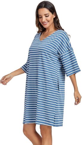 kasual womens ناعمة ثوب نماذج نصف الأكمام sleeve sleepshirt v الرقبة مخططة نوم النوم ملابس سائبة فضفاضة مع جيوب in Kuwait