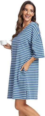 kasual womens ناعمة ثوب نماذج نصف الأكمام sleeve sleepshirt v الرقبة مخططة نوم النوم ملابس سائبة فضفاضة مع جيوب in Kuwait