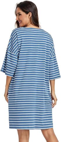 kasual womens ناعمة ثوب نماذج نصف الأكمام sleeve sleepshirt v الرقبة مخططة نوم النوم ملابس سائبة فضفاضة مع جيوب in Kuwait