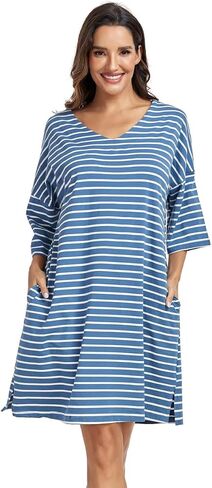 kasual womens ناعمة ثوب نماذج نصف الأكمام sleeve sleepshirt v الرقبة مخططة نوم النوم ملابس سائبة فضفاضة مع جيوب in Kuwait